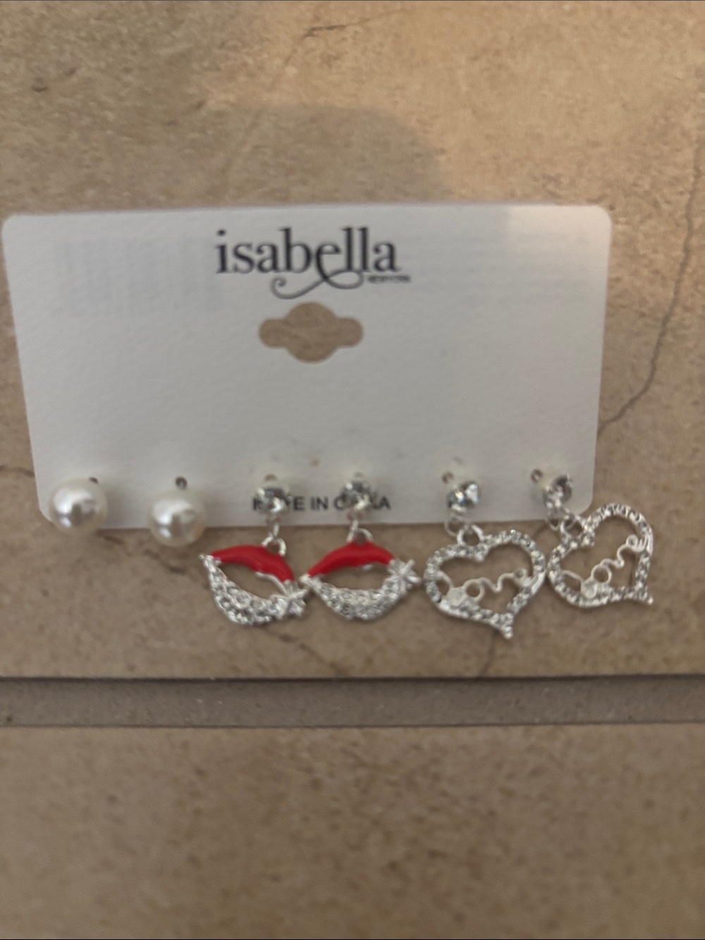 3 pairs of earrings. Pearls red lips. Love heart